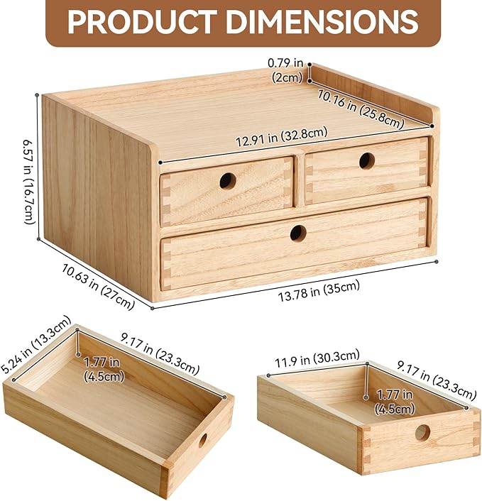 KIRIGEN Wood Organizer Shelf with 3 Drawers for Home Kicthen Decor Office Supplies Desktop Cabinet for Drawer Organizer - Desk Accessories Storage Box -Countertop Shelf Natural（DT2D3C-NA）