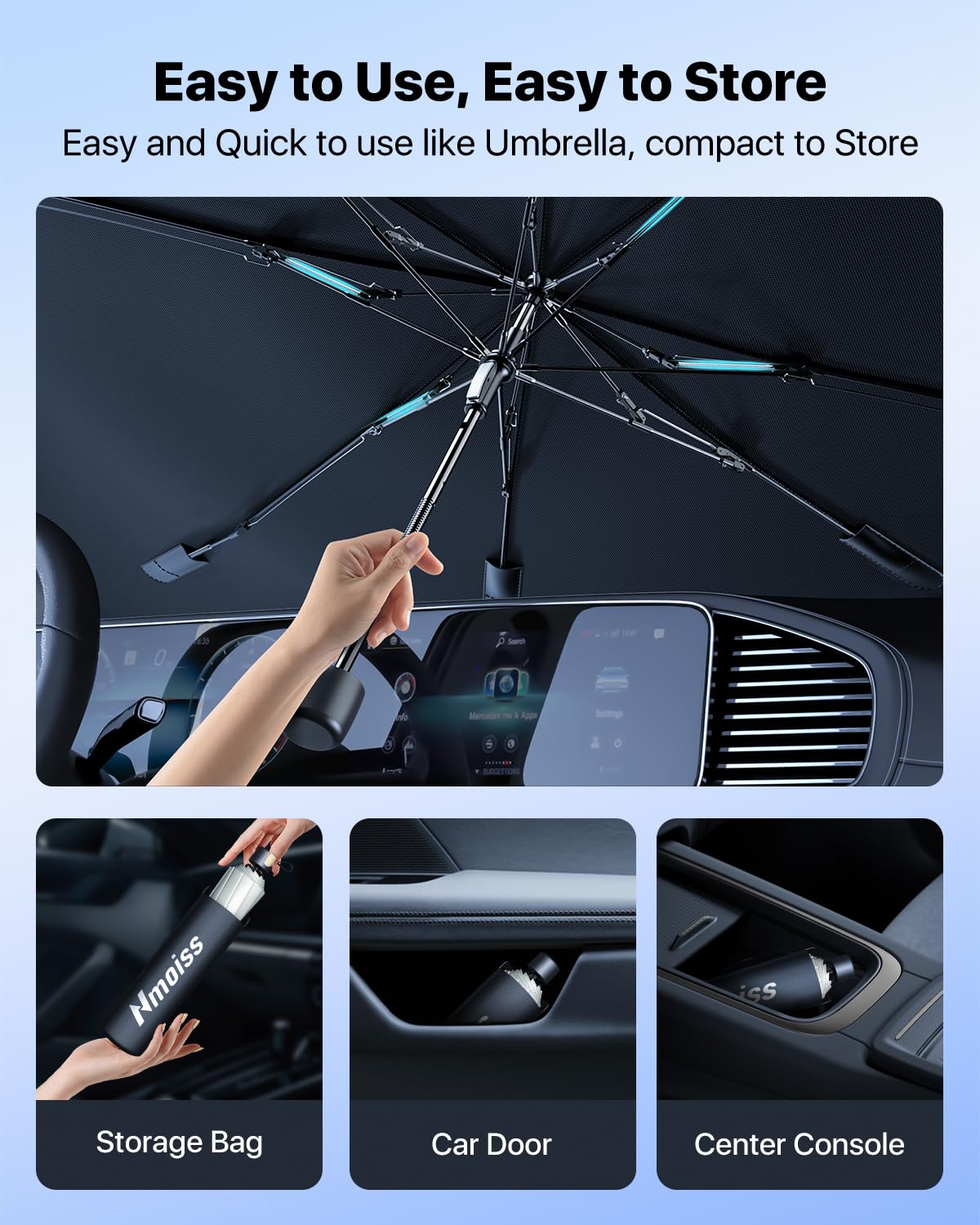 [2025 Upgrade] Nmoiss Windshield Sun Shade Umbrella - [Vinyl Coating Heat Shield] Protect Car from Sun Rays & Heat Damage Keep Cool and Protect Interior, Spring Structure Edge Medium 56" L x 31" W