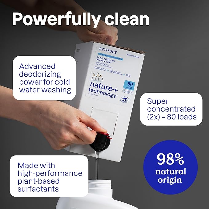 ATTITUDE Liquid Laundry Detergent Refill, EWG Verified, HE Compatible, Plant-Based & Vegan, Natural Laundry Soap, Unscented, 80 Loads, 67.6 Fl Oz