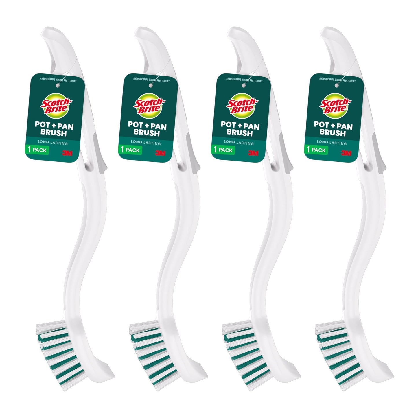 Scotch-Brite Pot + Pan Brush, Durable and Long Lasting Dish Brush with Handle for Scrubbing Stainless Steel, Outdoor Furniture, and Sinks without Scratching, Antimicrobial, and Rinses Clean