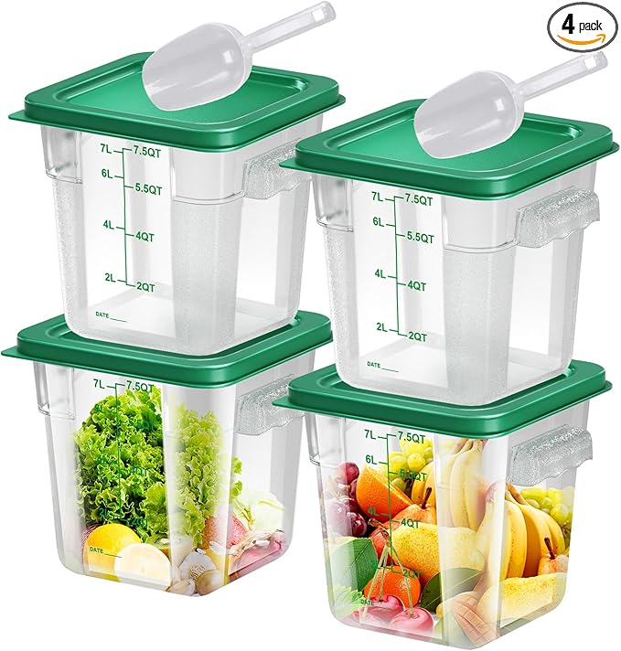4 pcs 8qt Food Storage Containers with Lid, Square Clear Commercial Storage Containers with Handle and Scale for Food Storage in Home Kitchen & Dining (Green)