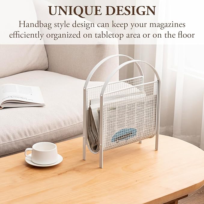 MyGift Mid-Century Design Magazine Rack, Matte Black Tone Metal Mesh Freestanding Magazine Organizer Holder Sling (White)