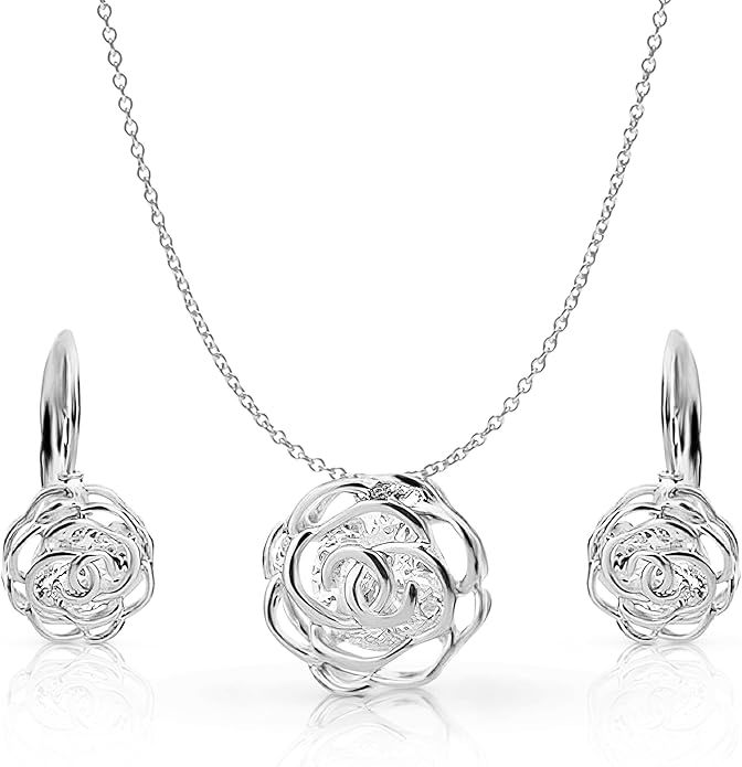 Crystalline Azuria Women 18K Gold Plated White Crystal Roses Flowers Necklace and Earrings Set for Women Wedding Party Bridal Bridesmaid Accessories