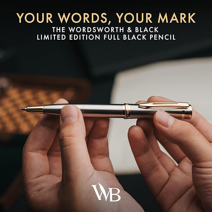 Wordsworth and Black Mechanical Pencil Graphite Lead- Stunning Luxury Metal Pencil, Silver Chrome 24K Gold Finish, 0.7mm Led, Best Gift Set for Men & Women, Professional Executive Office Pencils