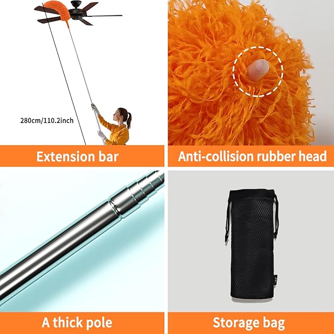 Cobweb Duster with Extension Pole,Cleaner Outdoor 110" Telescoping Extended Sspider Brush, Dusting Kit,Long Handle Reach for High Ceilings and Fans,Microfiber Webster Remover Tools Feather Dusters