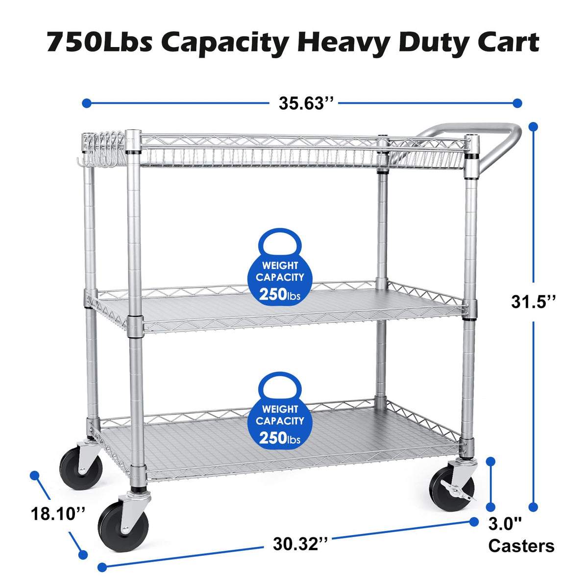 WDT Heavy Duty 3 Tier Utility Cart,Wire Rolling Carts with Wheels, Commercial Grade Service Cart with Shelving Liners and Handle Bar Metal Carts for Kitchen Office Hardware