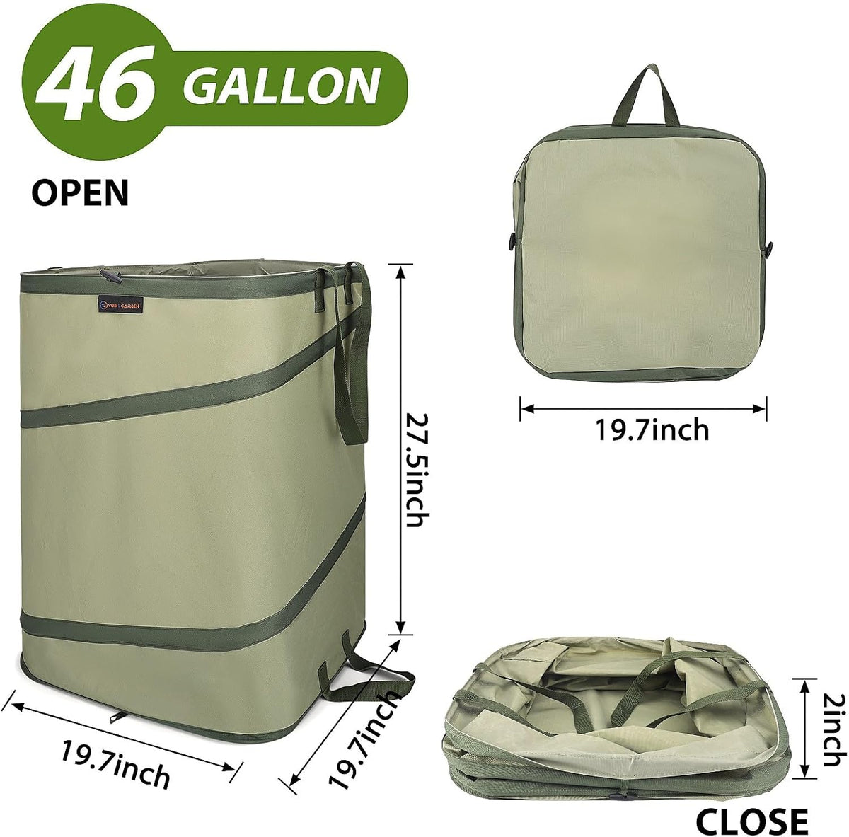 YUDI & GARDEN 46 Gallon Square Collapsible Yard Waste Containers｜Collapsible Trash Can｜Camping Trash Can, for Collecting Weeds or Yard and Party Waste, Green