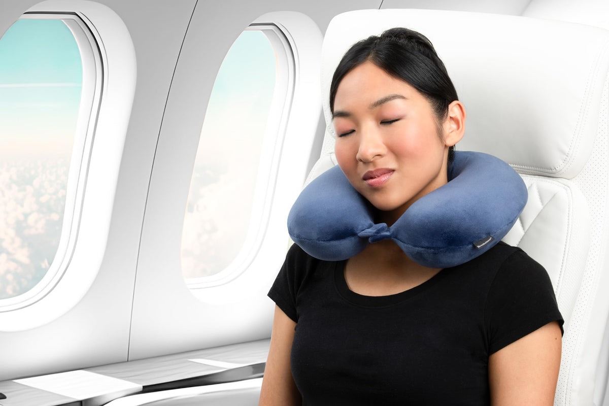 Brookstone Travel Neck Pillow - Lightweight Fleece Casing U-Shaped Stuffable Memory Foam Travel Pillow for Sleeping and Neck Support, Blue