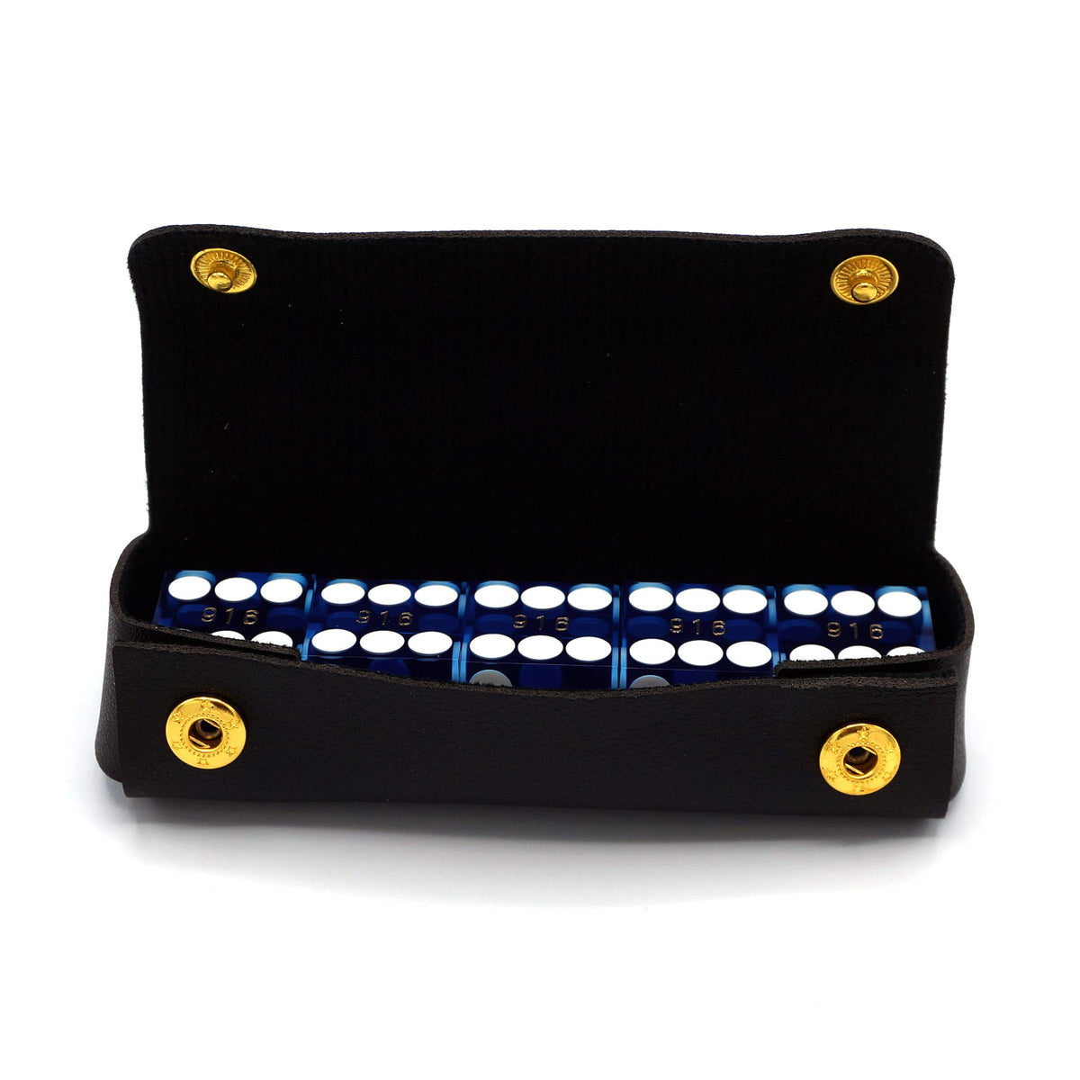Luck Lab Grade AAA 19mm Casino Dice with Razor Edges and Matching Serial Numbers Set of 5 and Leather Dice Case, Blue