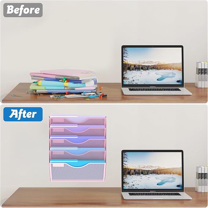 5 Tier Hanging Wall File Organizer, Mesh Mail Paper Orgnization Hanging File Folder Holder for Home Office, Pink