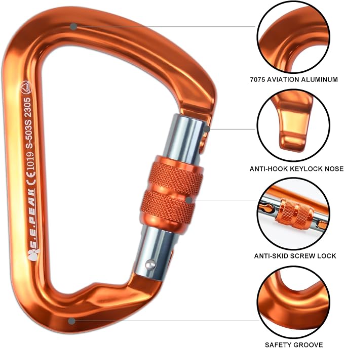SEPEAK UIAA 30kN Locking Climbing Carabiner, Professional Heavy Duty Screwgate Clip for Outdoor Climbing, Mountaineering, Rappelling, Camping, Hiking, Swing,Large D Carabiner Hook/6744lb