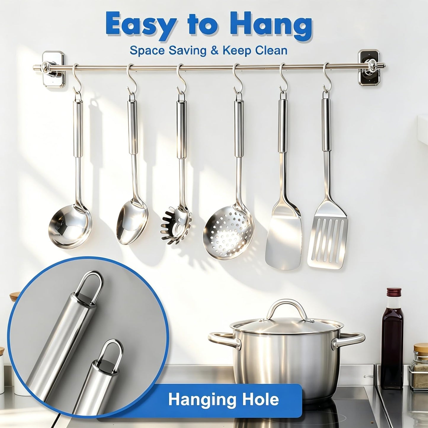 Cooking Utensils Set 11pcs - Stainless Steel Kitchen Utensils Set with Holder, Heat Resistant Kitchen Utensils Sets for Cooking with Turners, Potato Masher, Skimmer, Spoons, Ladle, Tongs, Whisk