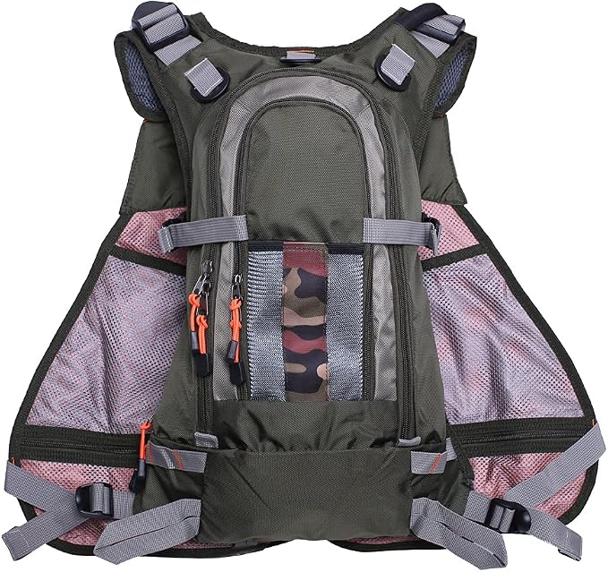 Raprance Fishing Vest for Men and Women Outdoor Activity Fly Bass Fishing Vest Backpack (Army Green,FV02)