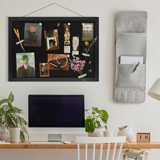 Black Cork Board Bulletin Board 16.7" x 11", Small Linen Corkboards with Frame for Walls, Cute Picture Display Pin Board Vision Board for Room School Office Bedroom 8 Pushpins