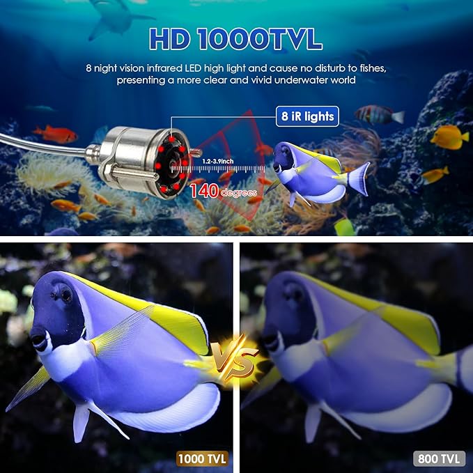 Underwater Fishing Camera, 4.3" HD DVR Portable Fishing Camera 140-Degrees Wide Angle 1200TVL Fish Finder with 8pcs IR Lights for Boat, Lake, Ice Fishing(15M/50ft)