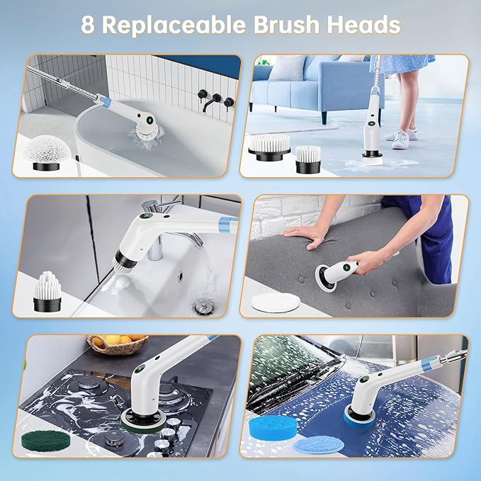 Electric Spin Scrubber, Cordless Shower Scrubber with 8 Scrub Brush, 2 Speed with Adjustable Extension Handle, Battery Level Display, Power Scrubber for Bathroom Bathtub Tile Floor, White