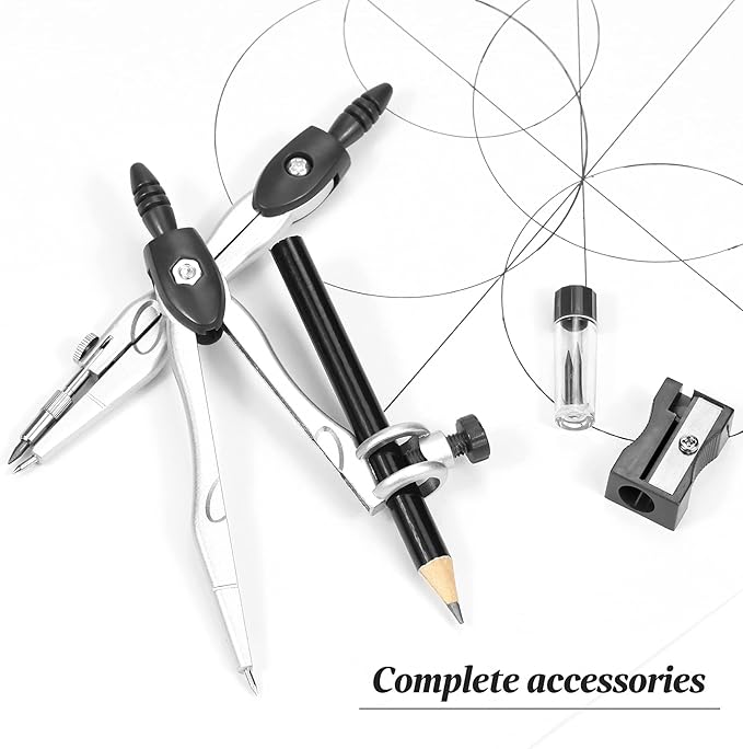 Math Geometry Kit Sets 10 Piece Student Supplies with Shatterproof Storage Box,Includes Rulers,Protractor,Compass,Eraser,Pencil Sharpener,Lead Refills,Pencil,for Drafting（Black）