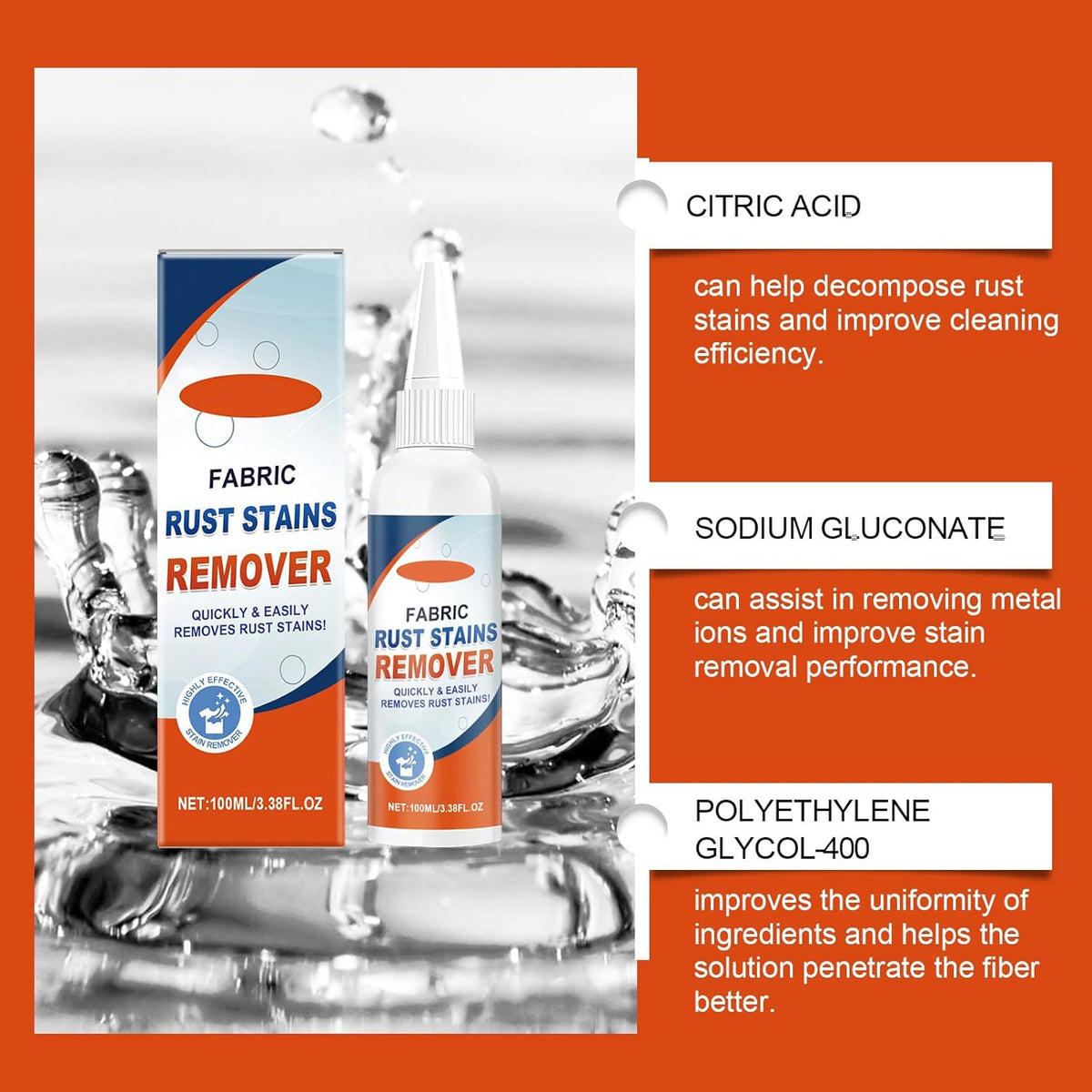 Fabric Rust Remover For Clothes, Strong And Effective Rust Stain Remover For Fabric, Garments & Washable Textiles, 3.38 FL.OZ