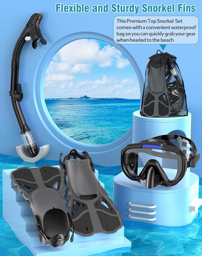 Snorkel Set with Fins for Adults, Snorkeling Gear for Adults Men and Women, Snorkle, Mask Set Adults Dry Top Snorkel Mask Combo Set with Travel Bag for Snorkeling, Diving, Swimming