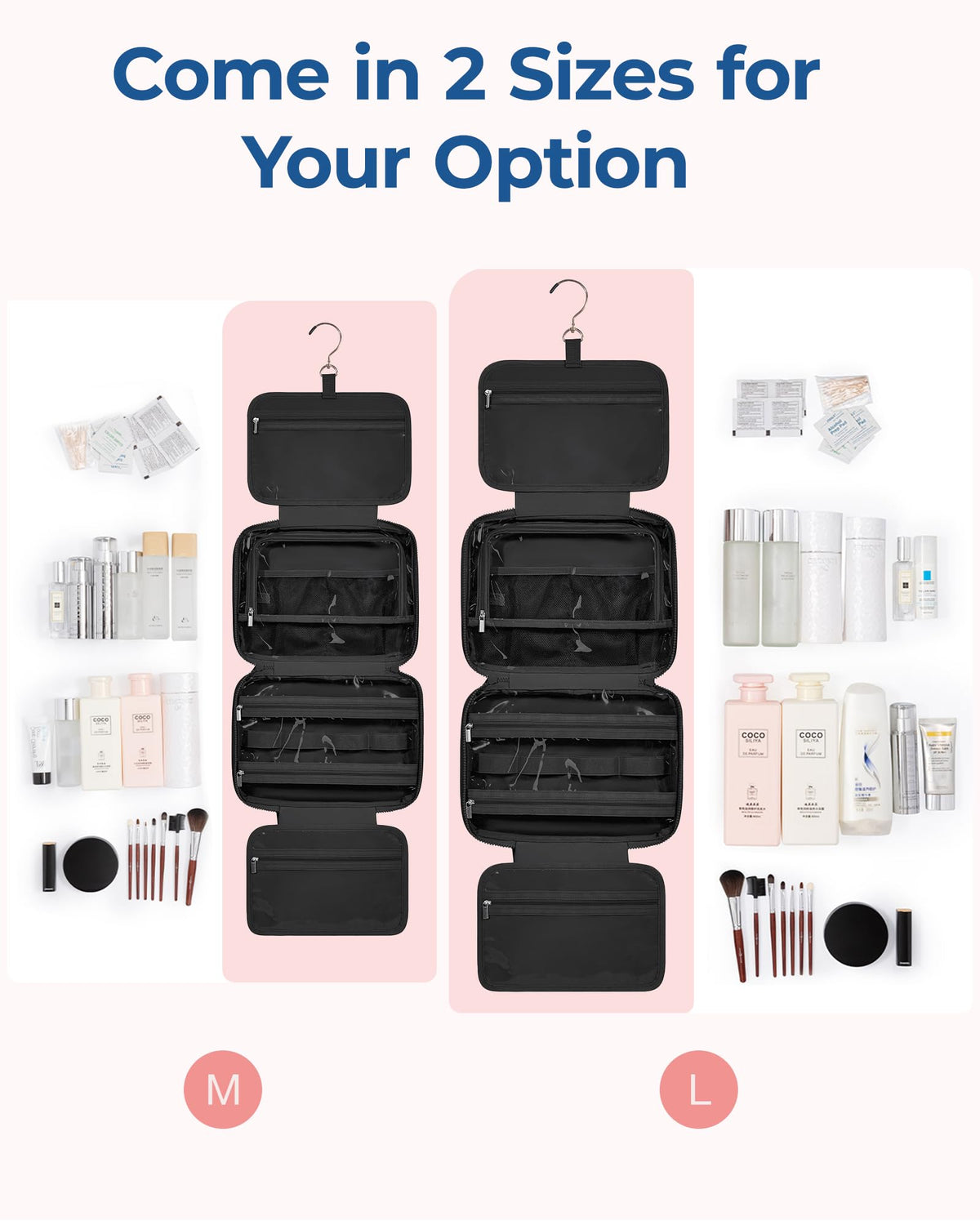 BAGSMART Travel Toiletry Bag with Jewelry Organizer, Hanging Travel Bag for Toiletries, Puffy Makeup Cosmetic Bag Organizer, Carry-on Travel Accessories Essentials, Black-M