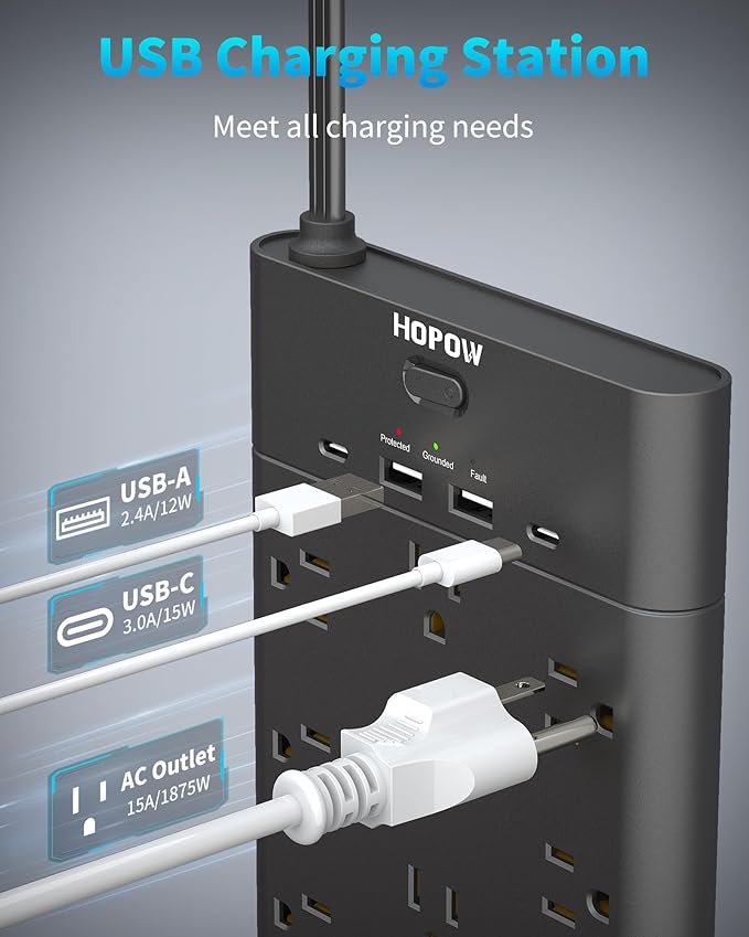 Flat Plug Power Strip, Surge Protector with 19 Outlets and 4 USB Ports, HOPOW 6 Ft Heavy Duty Extension Cord, 1875W, 2100J Surge Protection, Wall Mount for Home, Office, Gaming Room, Dorm, Black