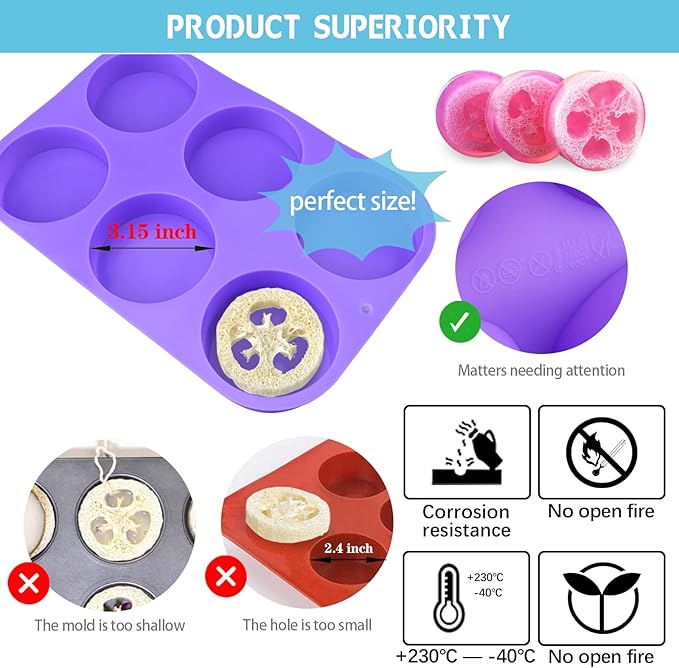 Sakolla 4oz Round Silicone Soap Molds, 3.15'' Cylindrical Soap Molds for Loofah Soap Bath Bombs Steamer Lotion Bars, Set of 2