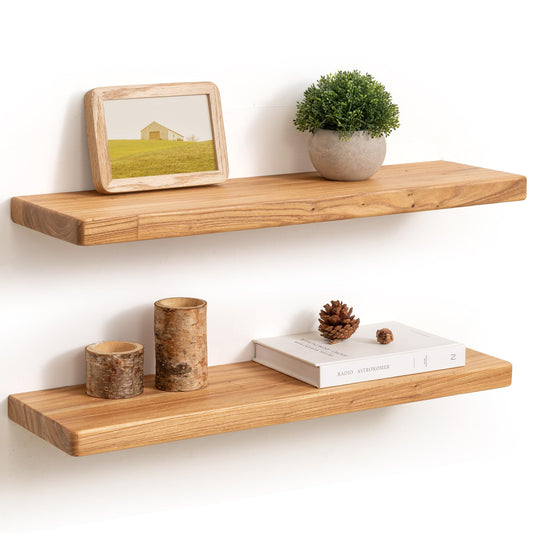 Fun Memories 24 Inch Floating Shelves, Solid Elm Wood Wall Shelf for Home Decor, Rustic Bathroom Shelves Set of 2, Heavy-Duty Storage Shelf for Kitchen, Bedroom, Living Room