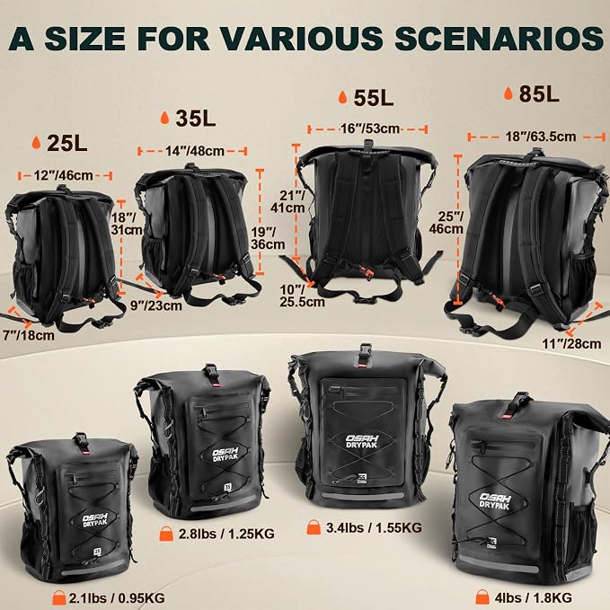 OSAH DRYPAK Waterproof Backpack Dry Bag 25L/35L/55L/85L – Heavy Duty Roll-Top Hiking Backpack Sack Keeps Gear Dry for Travel, Kayaking, Boating, Camping, Rafting and Fishing