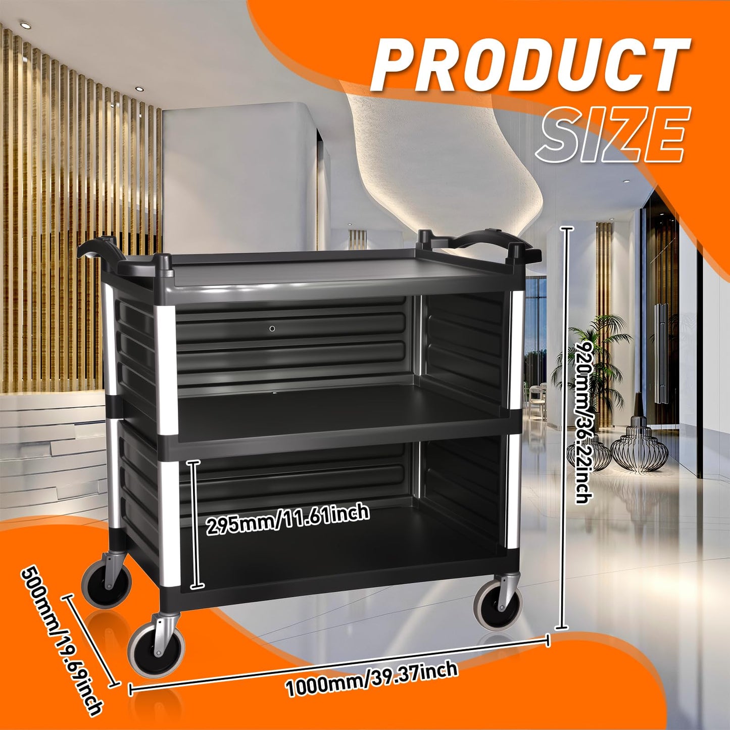 3-Tier Heavy-Duty Metal Service Utility Carts,Storage Mobile Kitchen Cart with Handle & Lockable Wheels,Portable Rolling Cart for Home Hotel Restaurant Garage Kitchen Office Organization
