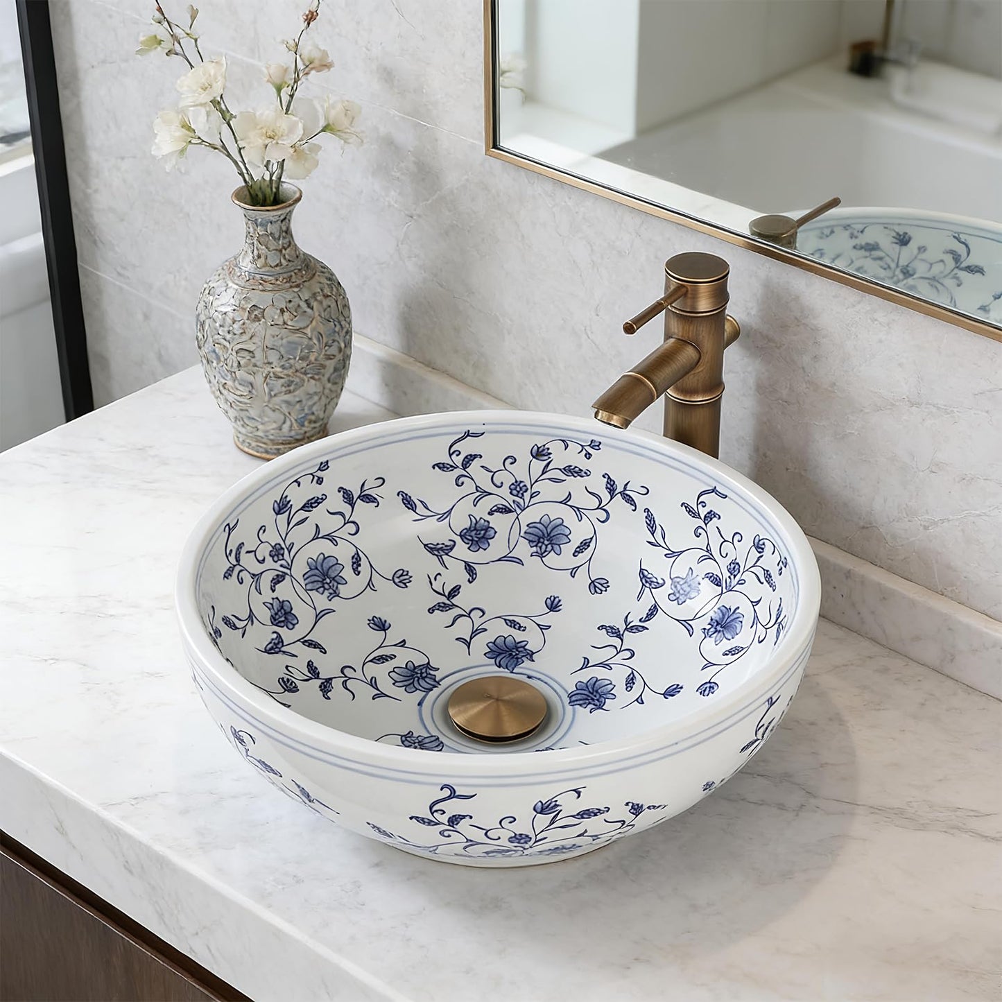 Lonuebu Bathroom Vessel Sink 16 Inch Vessel Sink Blue and White Ceramic Bathroom Sinks with Faucet and Drain Combo Bowl Sinks for Bathroom Vanity Above Counter