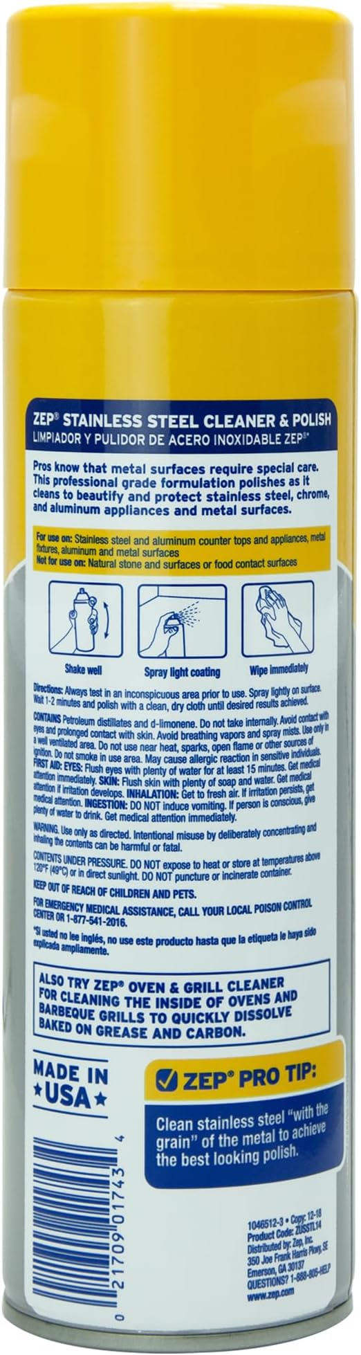 Zep Stainless Steel Cleaner and Polish - 14 oz (Case of 12) ZUSSTL14 - Protects Metal Surfaces From Fingerprints, Soil & Water Spots