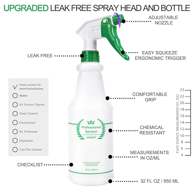 Plastic Spray Bottle 2 Pack, 32 Oz, All-Purpose Heavy Duty Spraying Bottles Leak Proof Mist Empty Water Sprayer for Cleaning Solution, Essential Oils, Hair, Planting with Adjustable Nozzle - Green