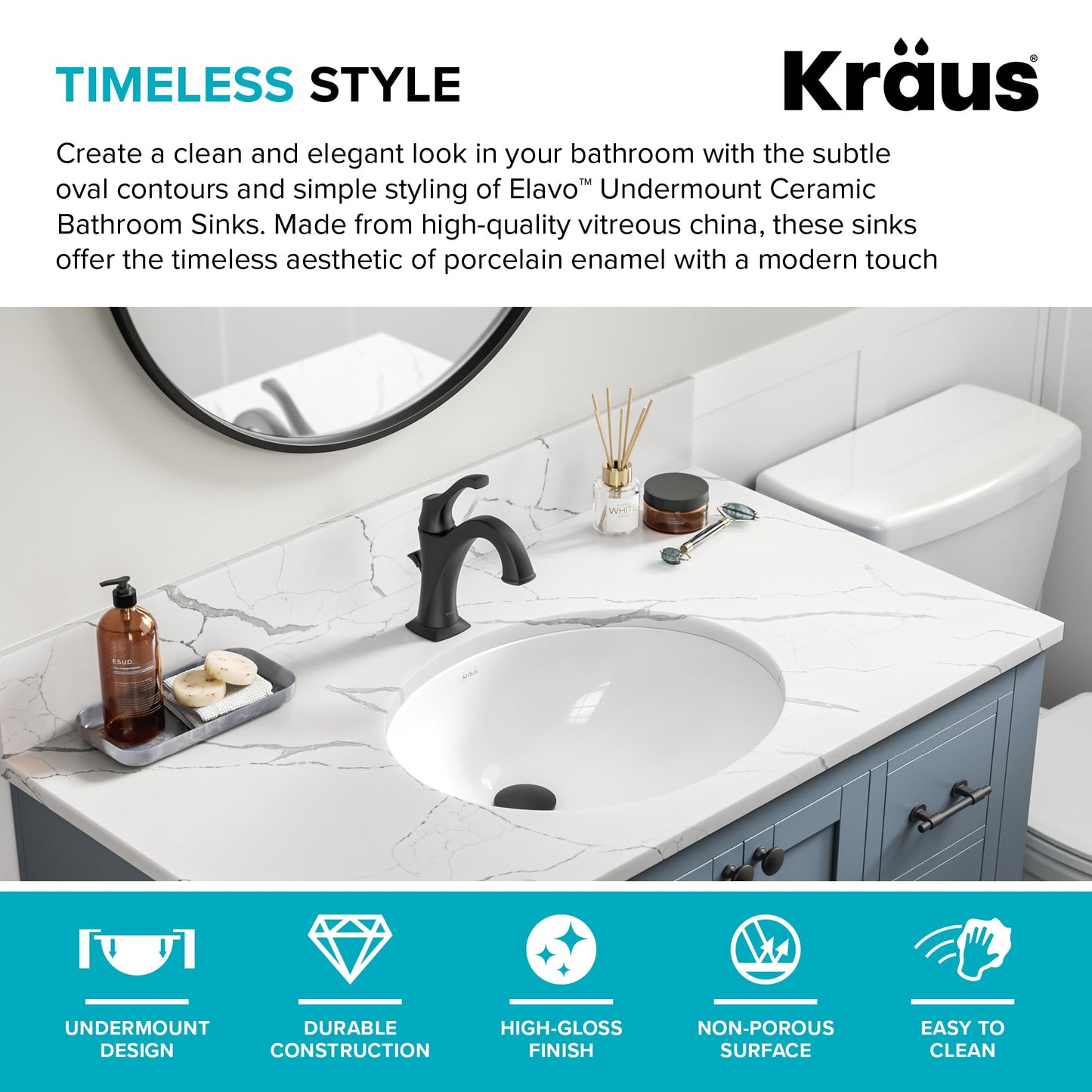 KRAUS Elavo 19.25 in. Oval Porcelain Ceramic Undermount Bathroom Sink in White with Overflow Drain, KCU-272