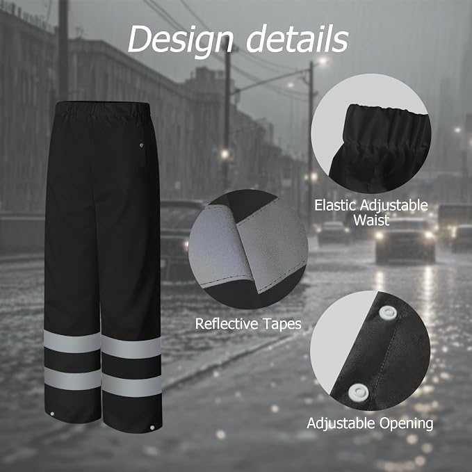 Rain Pants, High Visibility Safety Coat, Hi Vis Waterproof Work Pants, Lightweight Rain Gear for Outdoor Activities, Men Women, Black P, S-M