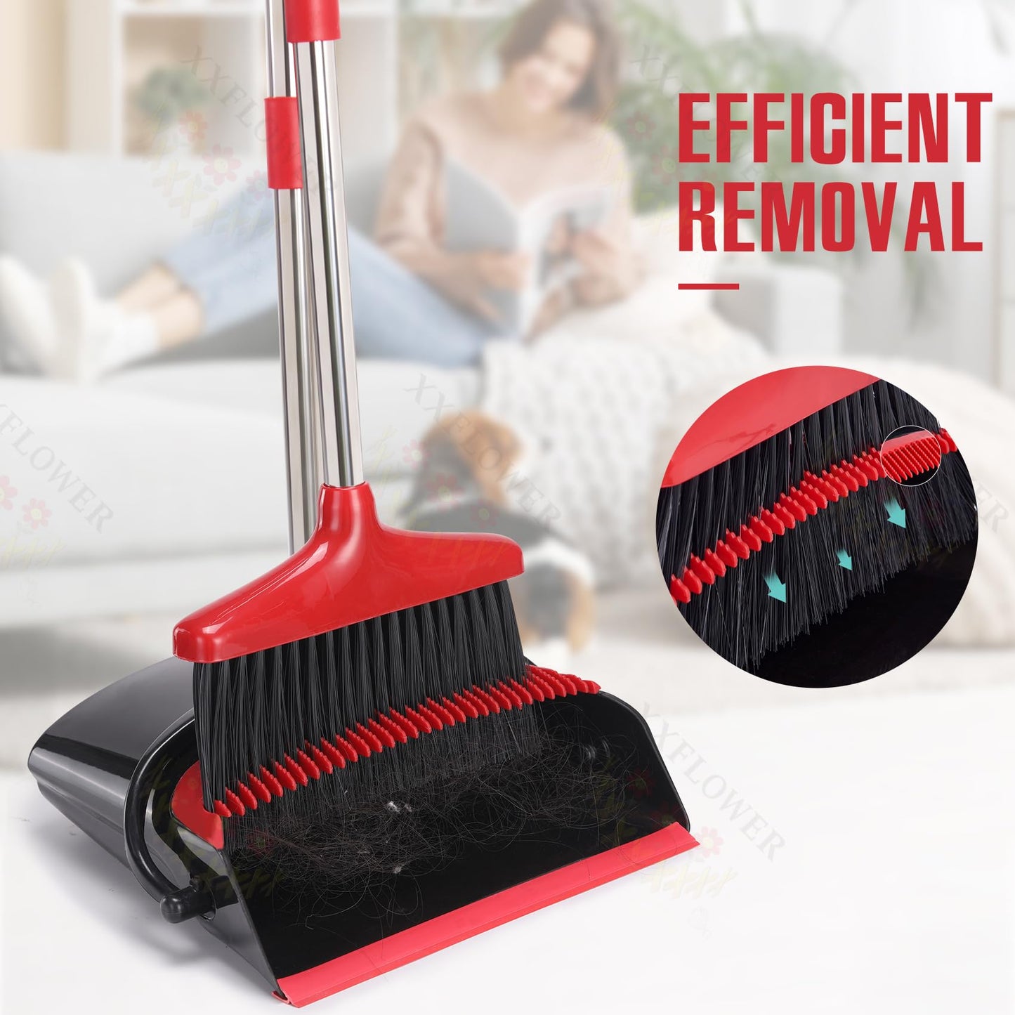 XXFLOWER Broom and Dustpan Set with Long Handle, Light Weight Stainless Steel Poles Stand Upright Dustpans with Broom Combo for Home Kitchen Office Pet Dog Hair, Black & Red Color, 1-Pack