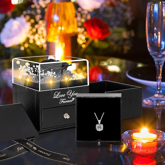 Preserved Black Real Rose-Eternal Flowers Rose Birthday Gifts for Her Mom Wife Girlfriend Grandma on Valentines Mothers Day Christmas Anniversary Romantic with Heart I Love You Necklace- Black
