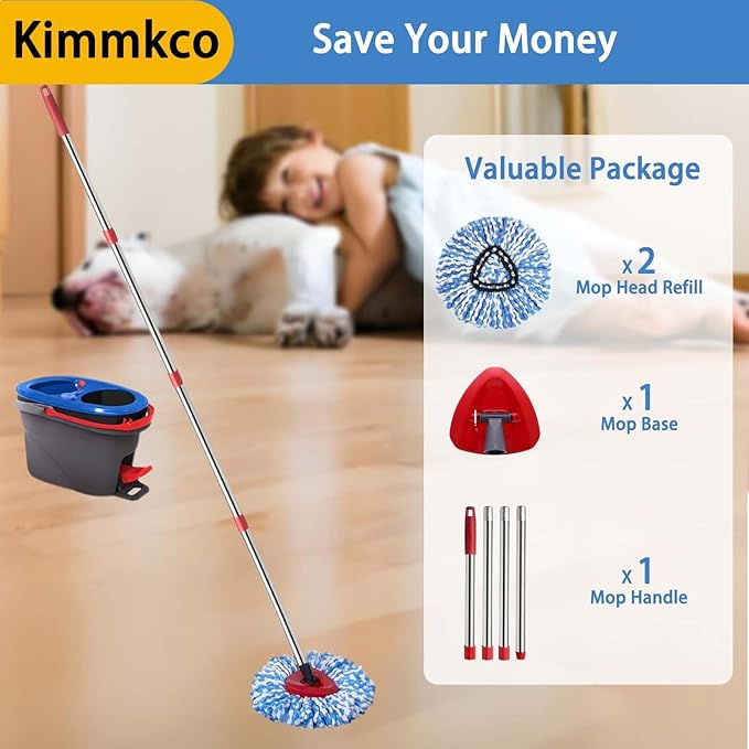 Small Spin Mop Replacement Head for O Cedar RinseClean 2-Tank System, 2 Fluffy Microfiber Mop Refills with 1 Small Base & 4-Section 30-58in Mop Handle, Replace Heads for Deep Clean, Machine Washable