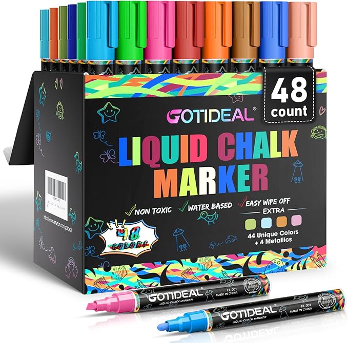 GOTIDEAL Liquid Chalk Markers Erasable,Window Chalk Markers for blackboard Washable,Non-toxic Chalk Pens for Calendar,Chalkboard,Glass,Cars with Reversible Tips(48 Colors,6mm)