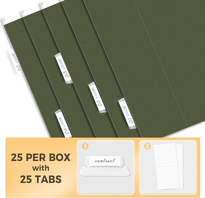 SUNEE Hanging File Folders, 25 Pack Reinforced Hang Folders Letter Size, Adjustable 1/5-Cut Tabs, Designed for Bulky Files, Filing Cabinet, Standard Green