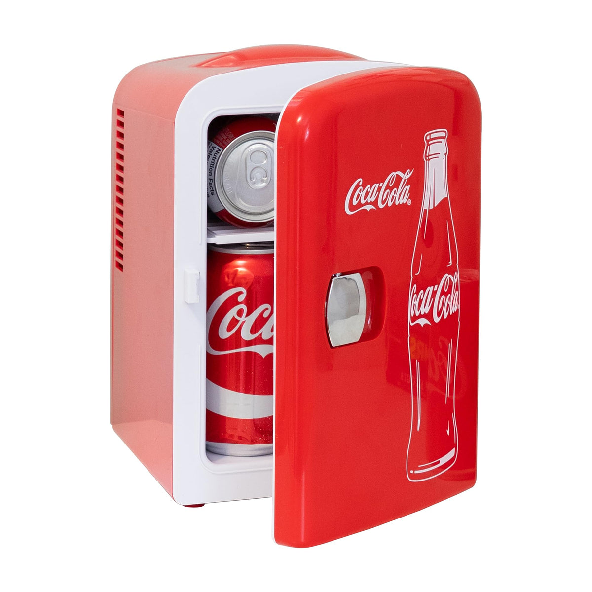 Coca-Cola Classic Coke Bottle 4L Mini Fridge w/ 12V DC and 110V AC Cords, 6 Can Portable Cooler, Personal Travel Refrigerator for Snacks Lunch Drinks Cosmetics, Desk Home Office Dorm, Red