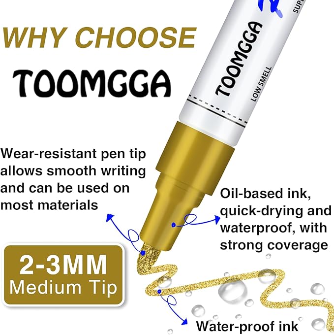 Gold and Silver Permanent Paint Pens - 2 Pack Oil Based Paint Markers, Pens for Rock Painting Car Tyre Metal, Plastic, Canvas, Mugs, Wood, Glass, Quick Drying and Waterproof, Medium Point