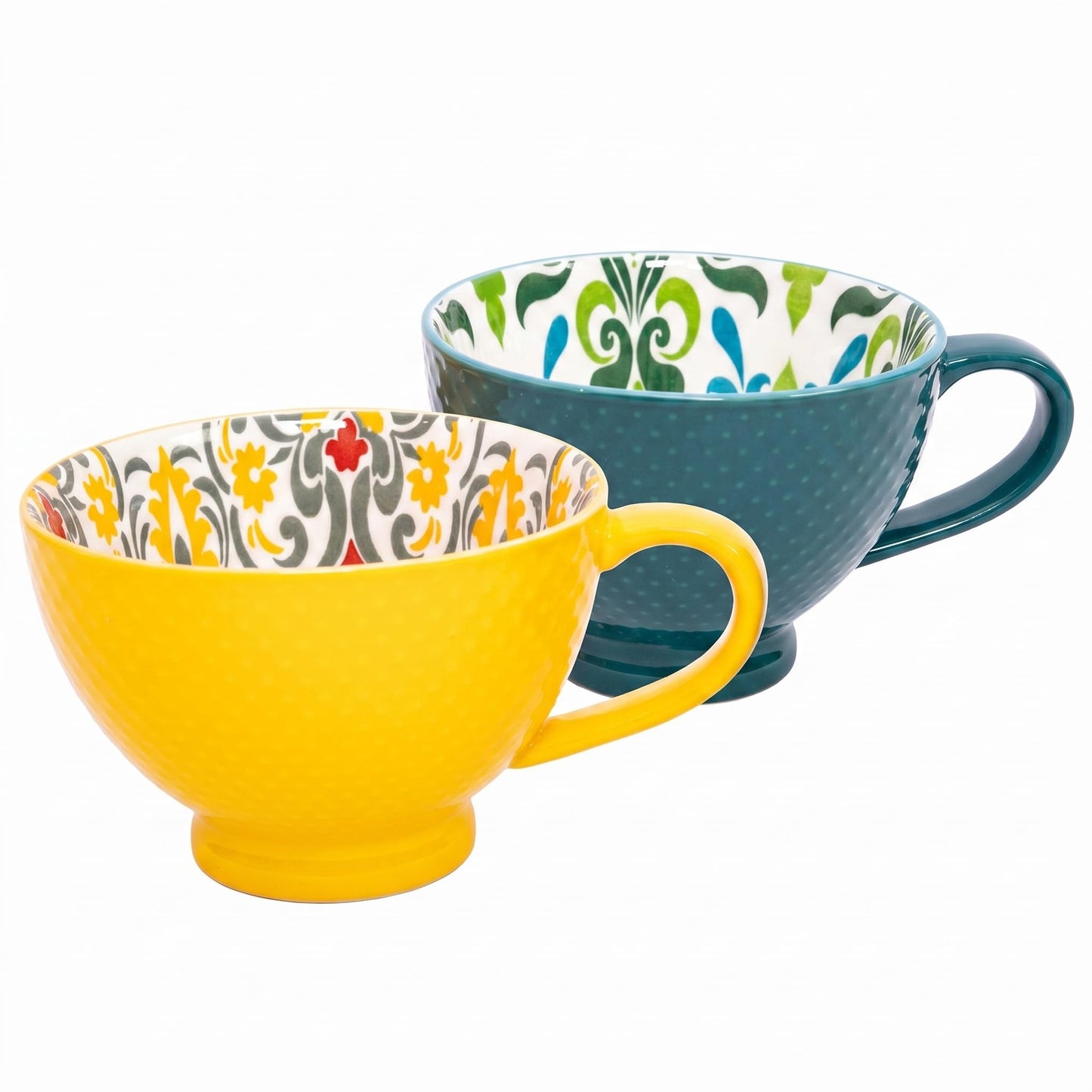Topadorn Ceramic Coffee Mugs with Handle Set of 2, Hand-Painted Floral Pattern Ceramic Soup Mugs for Salad, Cappuccino, Cereal, Milk, Latte, Tea, Cocoa, Breakfast Oatmeal Cups(Green & Yellow)