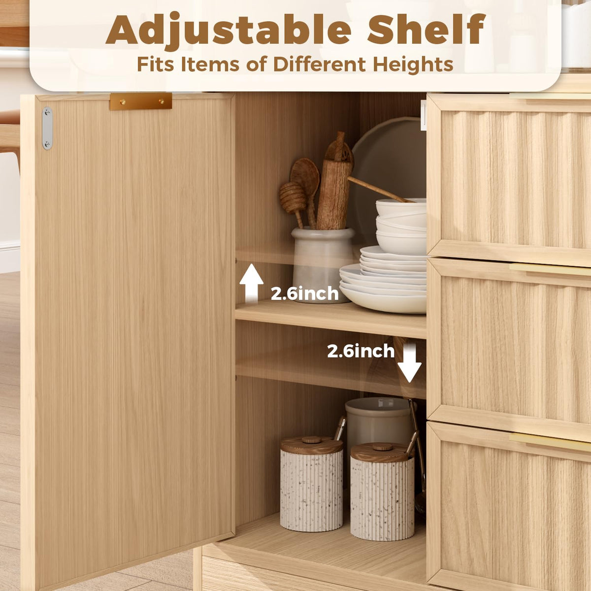 SMORBOSS Coffee Bar Cabinet with Storage, Fluted Buffet Sideboard Cabinet with 3 Drawers & Adjustable Shelf, Rounded Edge Modern Storage Cabinet for Dining Room, Kitchen, Living Room, Entryway, Oak
