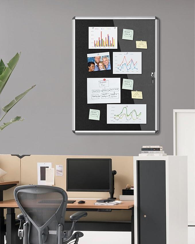 38"x28" Enclosed Bulletin Board, Lockable Weather-Resistant Aluminum Cork Noticeboard for School & Office, Silver Frame w/Black Flet