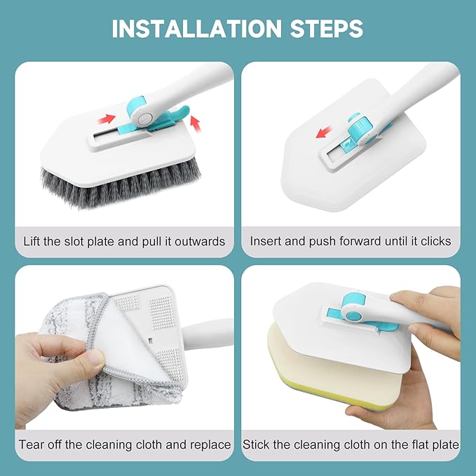 nacena Shower Scrubber with Long Handle, 4 in 1 Tile Tub Scrubber Brush with 3 Detachable Cleaning Heads and V-Shaped Grout Brush Shower Cleaner Brush for Bathroom Kitchen Toilet Tub Sink, Blue White