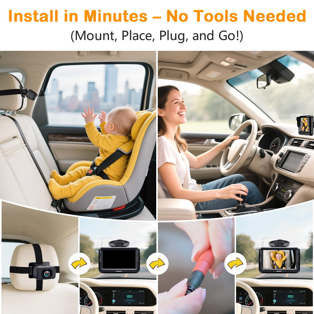 Rohent Baby Car Camera HD 1080P - Rear-Facing Infant Monitor with Night Vision Car Camera for Baby 150° Wide-Angle Lens Anti-Glare Screen Easy Install 360° Adjustable Display