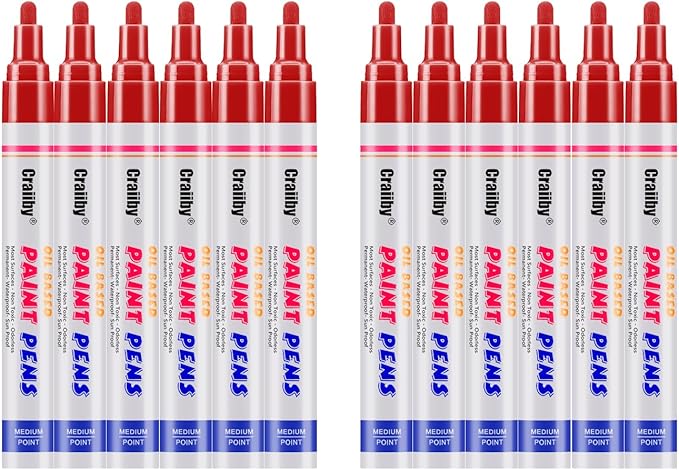 Red Paint Markers, 12 Pack Oil-Based Waterproof Quick Dry Permanent Paint Pen Set for Rocks Painting, Wood, Fabric, Plastic, Canvas, Glass, Mugs, Metal, Tire, Stone, DIY Craft