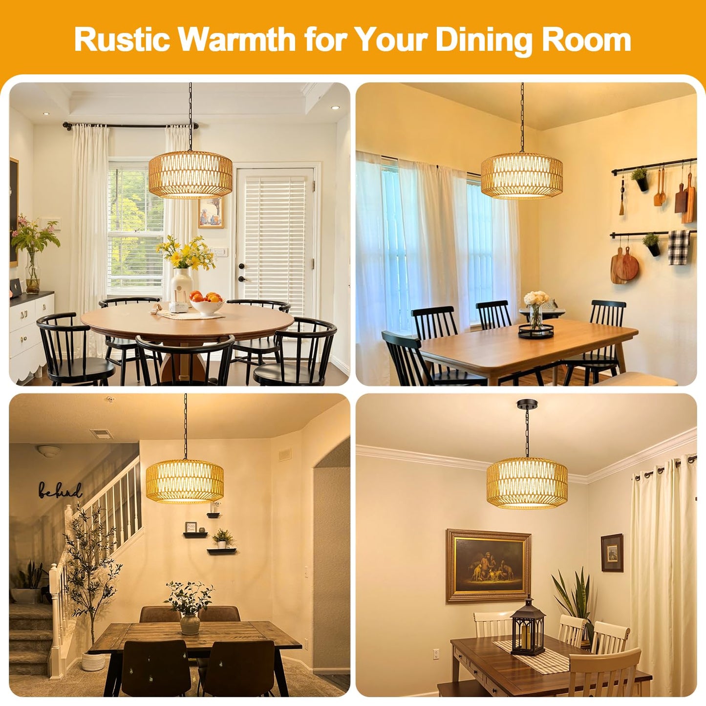 Farmhouse Chandelier Light Fixture, 5-Light Rattan Boho Chandeliers for Dining Room, Hand Woven Pendant Light with Linen Shade, Rustic Hanging Lighting for Kitchen Island, Bedroom (Bulb Not Included)