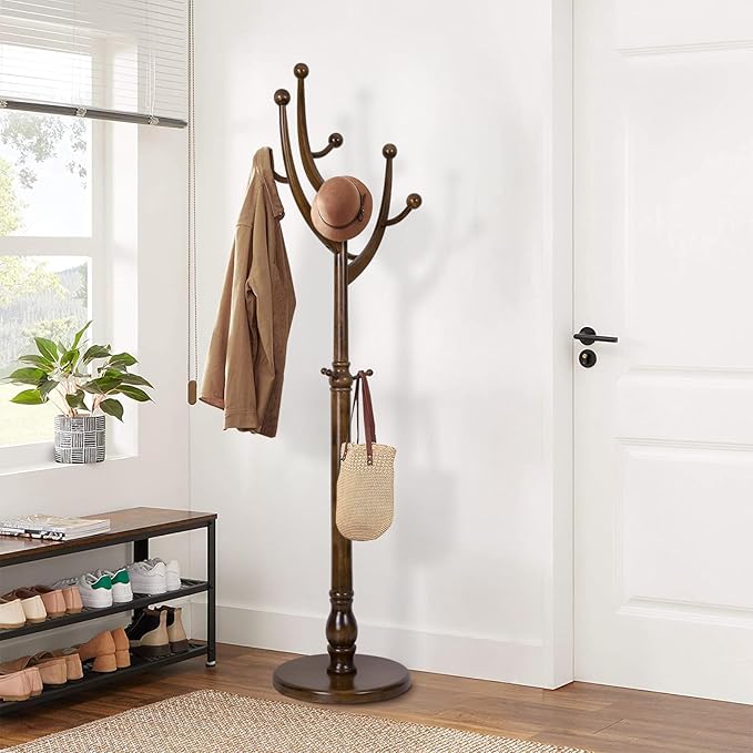 Wood Coat Rack Coat Tree Freestanding with Hooks, Heavy Duty Standing Coat Rack with Solid Round Base, 74” Tree Shaped Coat Hanger Stand for Clothes, Hat, Jacket, Entryway Bedroom, Walnut