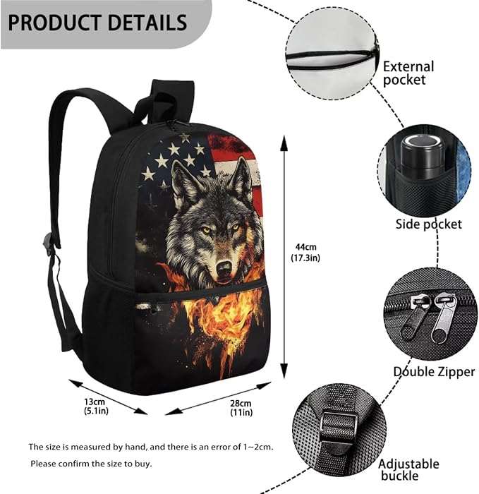 Cool Fire Wolf Backpack for Girls School Bag with Lunch Bag Pencil Case Water Bottle Holder Large Capacity American Flag Schoolbag 4 Piece Elementary School Bags Set